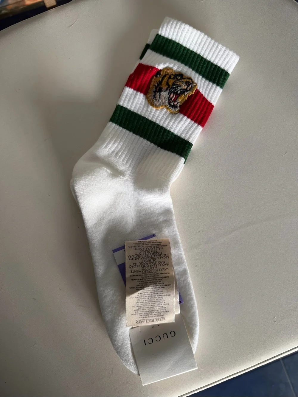 Gucci White Crew Socks with Green and Red Stripes and Tiger Patch